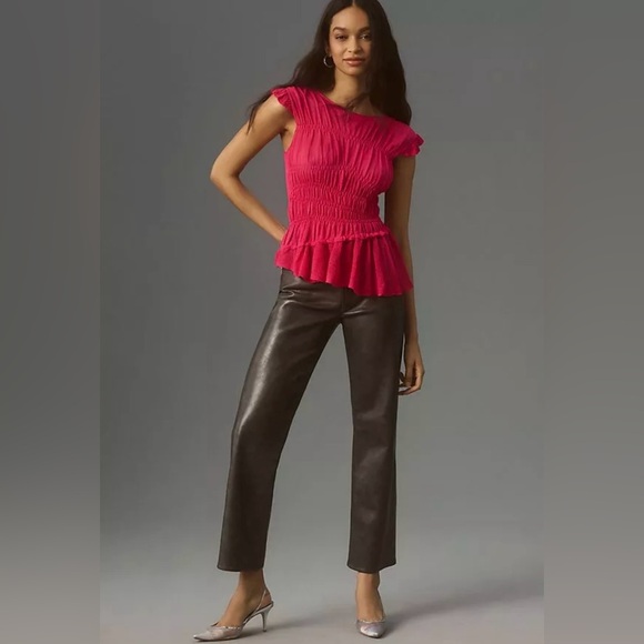 NWT Anthropologie Pink Sheer Smocked/Ruffled Asymmetrical Sweater Tank, Size XS - Picture 1 of 8